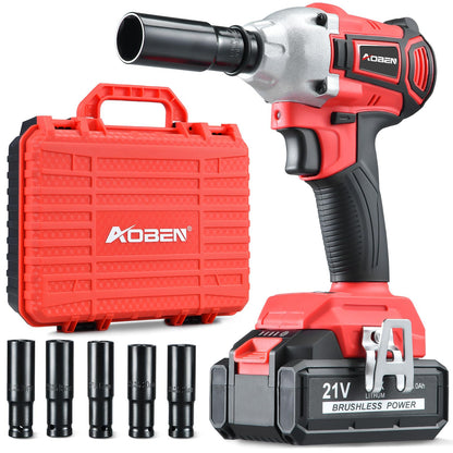 AOBEN Cordless Impact Wrench 1/2 inch,21V 300N.m Brushless Impact Gun with 4.0Ah Battery, Charger & 6 Sockets,Electric Impact Wrench for Car Home - WoodArtSupply