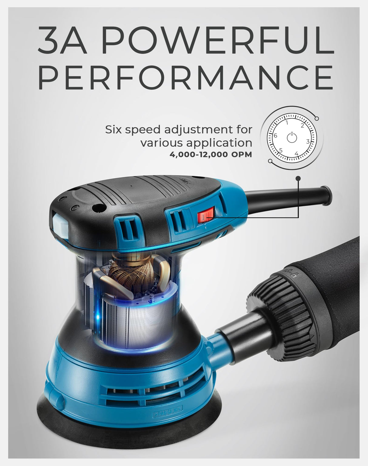 DongCheng 5” Random Orbital Sander, 3.0 Amp 12000OPM, 6 Variable Speed Electric Sander Kit with 10pcs Sandpapers & detachable Dust Collector, for Woodworking/Sanding/Polishing Dong Cheng