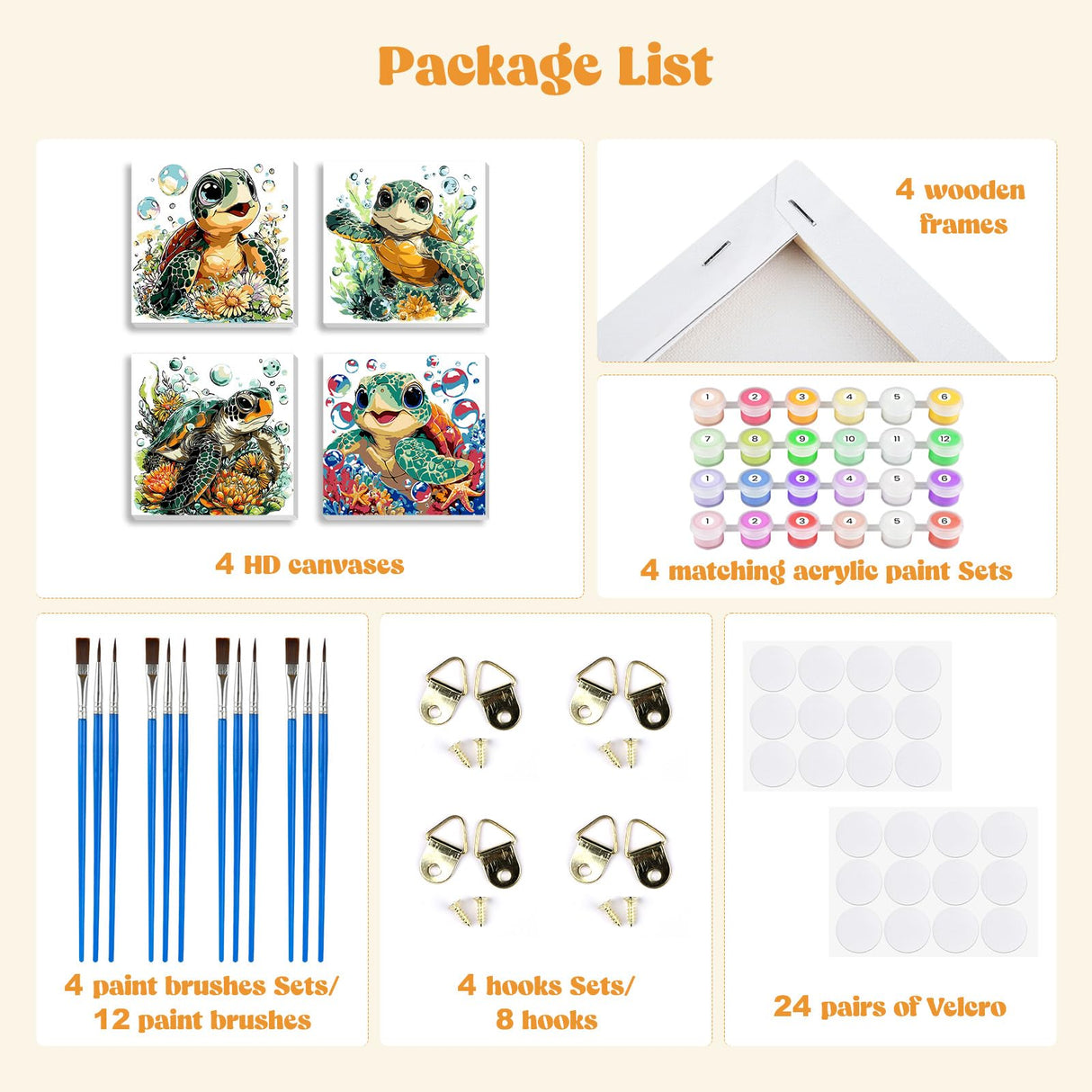 MXJSUA 4 Pack Cute Cartoon Turtle Paint by Numbers Kit with Framed Canvas for Ages 6-12 Kids, Paint by Numbers Kits for Children Beginners, Acrylic Oil Painting for Home Wall Decor Gift (8x8 inch) MXJSUA