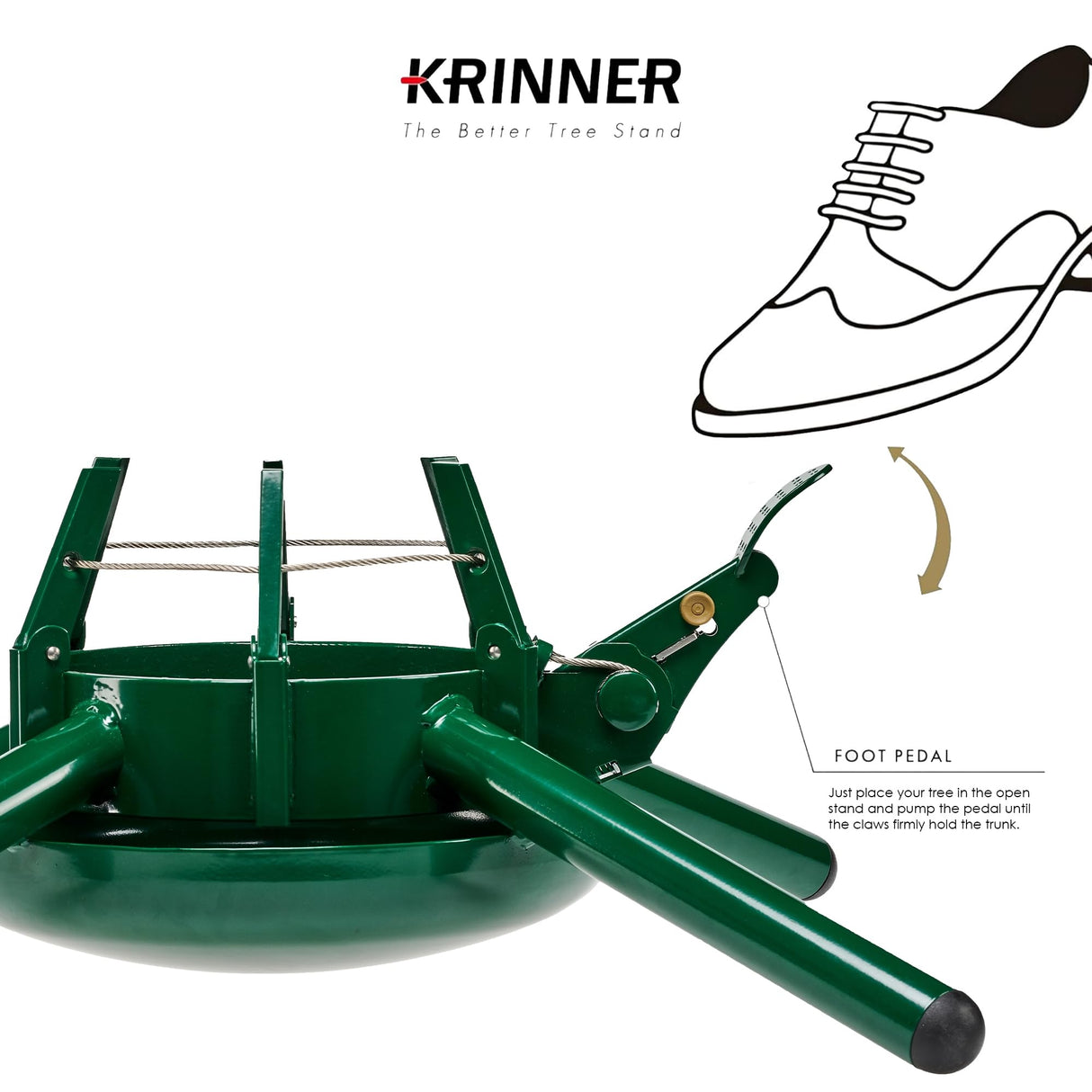 KRINNER Christmas Tree Genie Steel - Green Tree Stand - Original Single Cable Operation, Holds up to 15 ft Live Trees - Foot Pedal Setup & Water Reservoir - 4 Stabilizing Feet, German Made Krinner