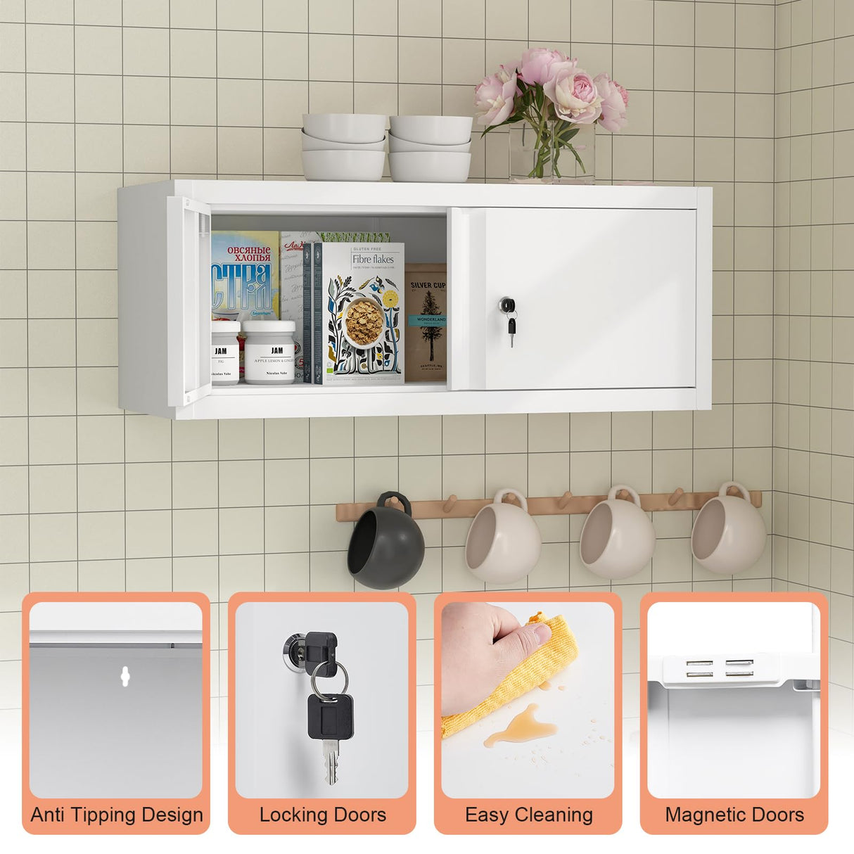 LUCYPAL Metal Storage Cabinet,Garage Wall Mounted Storage Cabinet with Locking Doors,Steel Hanging Cabinets for Home Office,Warehouse,Bathroom,Kitchen,White,12.8''H LUCYPAL