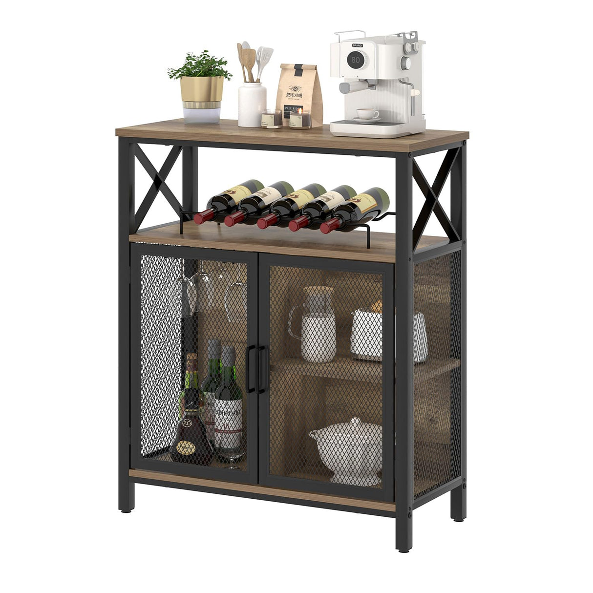 FOLUBAN Coffee Bar Cabinet, Small Liquor Cabinet with Wine Rack for Home, Modern Wine Bar Cabinet with Storage for Living Dining Room, Farmhouse Kitchen Sideboard Buffet Cabinet, Oak 47 Inch FOLUBAN
