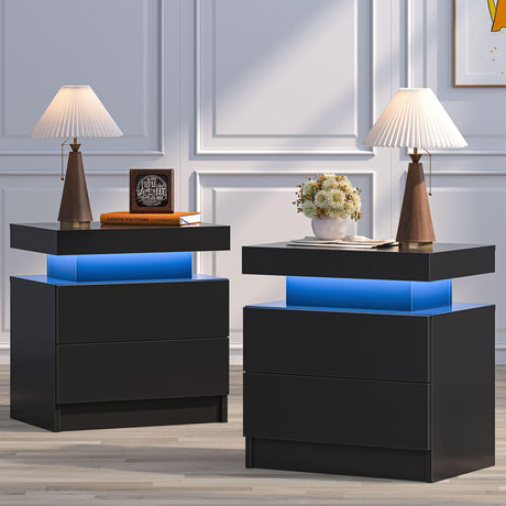 Bingoday Black Nightstand Set of 2 Black Bedside Tables Set of 2 LED Night Stand Set 2 Wood Nightstand Set of 2 with 2 Drawers for Bedroom Living Room Bingoday