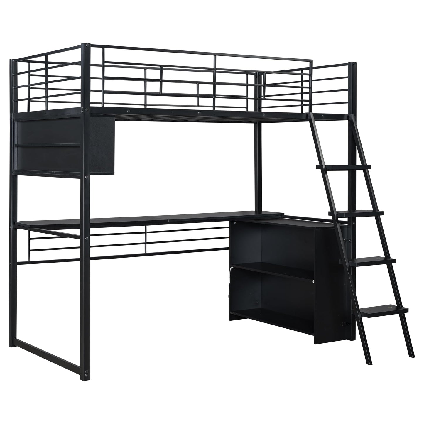 Twin Size Gaming Loft Bed with Desk, LED and 4 Storage Shelves, Metal Twin Loft Bed Frame, High Loft Bed Frame with Storage, Noise-Free, Space-Saving, No Box Spring Needed, Black