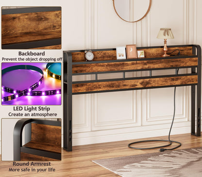 Furnulem Rustic Brown King Headboard with RGB LED, USB Charging Station, and Storage Shelf - WoodArtSupply