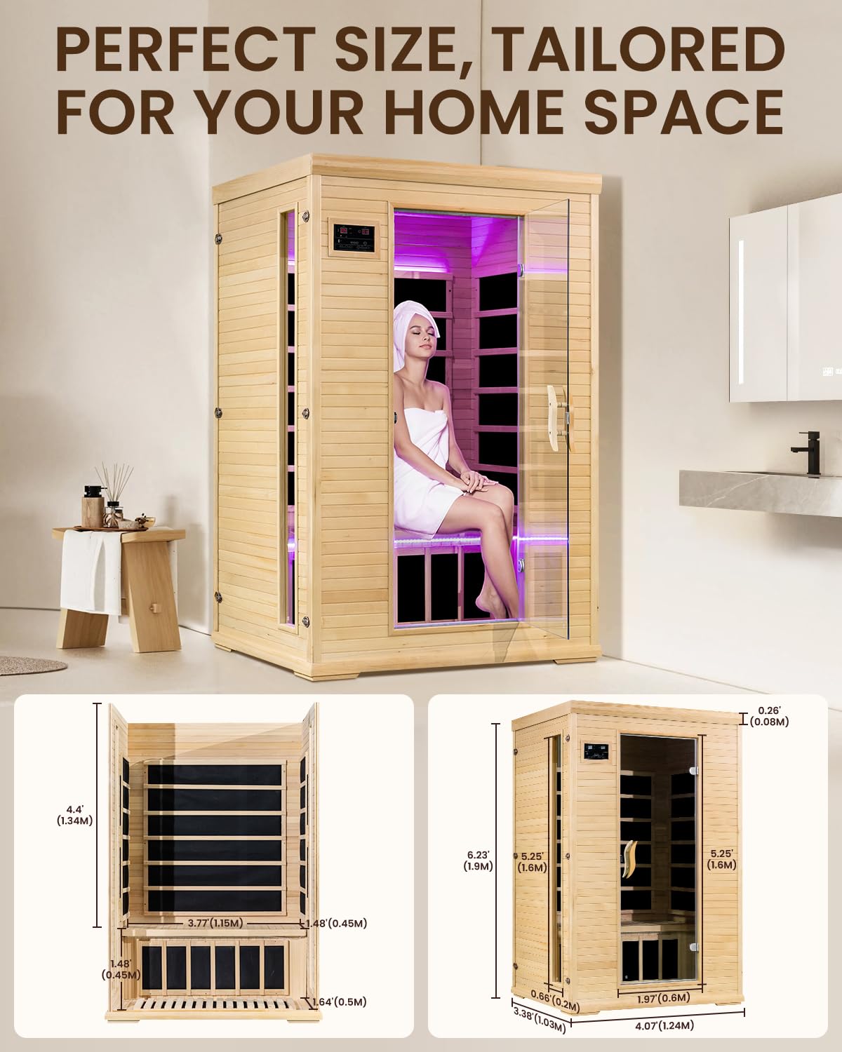 SpaZeit 2 Person Far Infrared Sauna for Home Spa, 1900W Low EMF Wooden Dry Sauna Room with Bluetooth Speakers, LCD Control Panel, Tempered Glass Door, 7 Colors Lighting, 74.76"x48.84"x40.56"