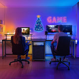 DOMICON 2 Person Desk with Power Outlet & LED Lights, Extra Long 94.5 Inch Computer Desk with Storage Shelves and Monitor Stand for Home Office, Double Gaming Desk, Black DOMICON