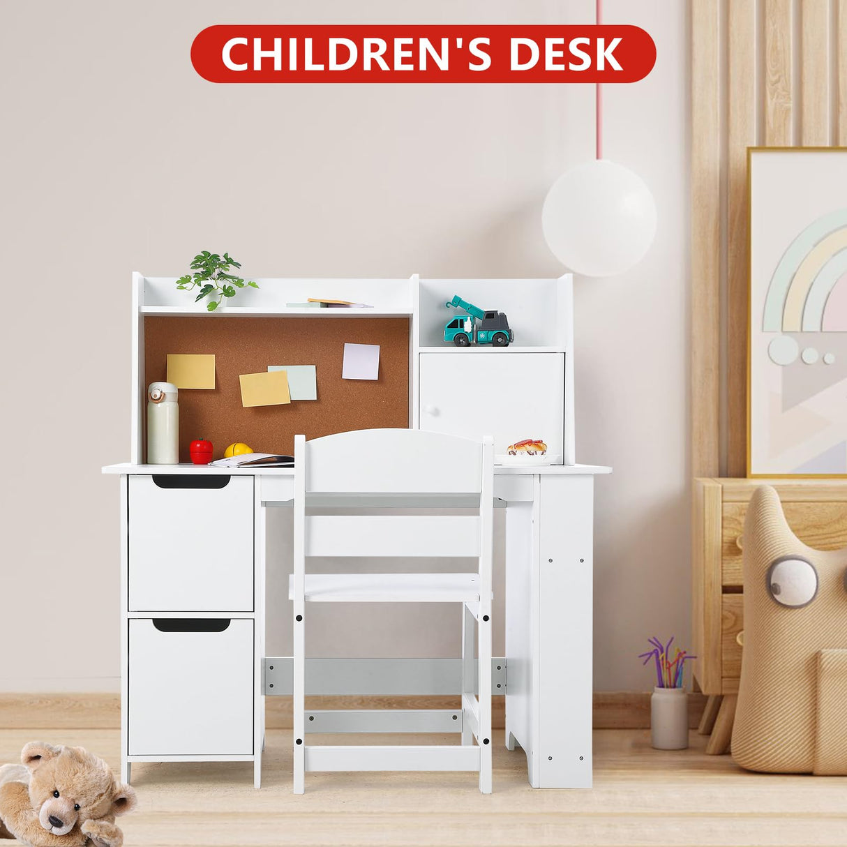 Kids Study Desk and Chair Set with Storage - White Learning Table with Bookshelf and Cabinets for Boys and Girls Ages 3-8 Wpond