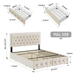 Keyluv Full Upholstered LED Bed Frame with 4 Drawers, Velvet Platform Storage Bed with Adjustable Button Tufted Headboard and Solid Wooden Slats Support, No Box Spring Needed, Beige Keyluv