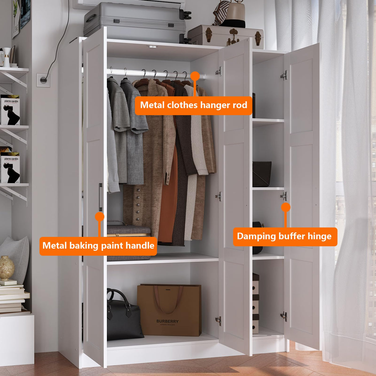 Fenghua Lizhi 3 Doors Wooden Wardrobe Closet Armoire, White Storage Cabinet for Hanging Clothes, Bedroom Large Capacity Freestanding Armoire,Wood Wardrobe Combination with Shelves (White) Fenghua Lizhi