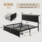 iPormis King Bed Frame with 2 Storage Drawers, Linen Upholstered Headboard Platform Bed with Charging Station, No Box Spring Needed, Metal Slats Support, Noise-Free, Easy Assembly, Black iPormis