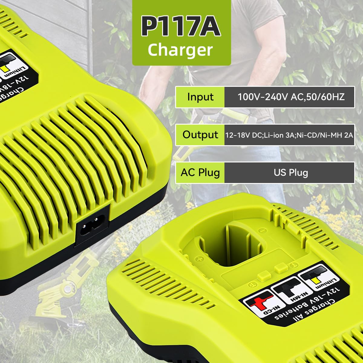 VINIDA P117 Replacement for Ryobi Charger 12V-18V Compatible with Ryobi 18V Battery Charger Li-ion & Ni-cad Ni-Mh Battery P102 P108 P189 P197 P103 P105 P107 P190 P191 PBP002 PBP005 VINIDA