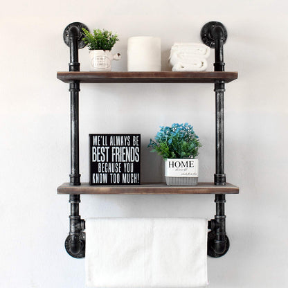 Industrial Pipe Shelf Bathroom Shelves Wall Mounted,19.6in Rustic Wood Shelf with Towel Bar,2 Tier Farmhouse Towel Rack Over Toilet,Pipe Shelving Floating Shelves Towel Holder,Retro Grey - WoodArtSupply