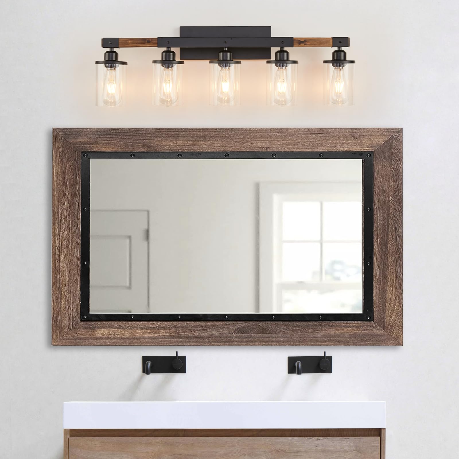 Feohak 5-Light Bathroom Vanity Light Fixtures, Farmhouse Vanity Lights for Bathroom, Rustic Industrial Vintage Black Wood Wall Sconce Over Mirror with Clear Glass Shade - WoodArtSupply