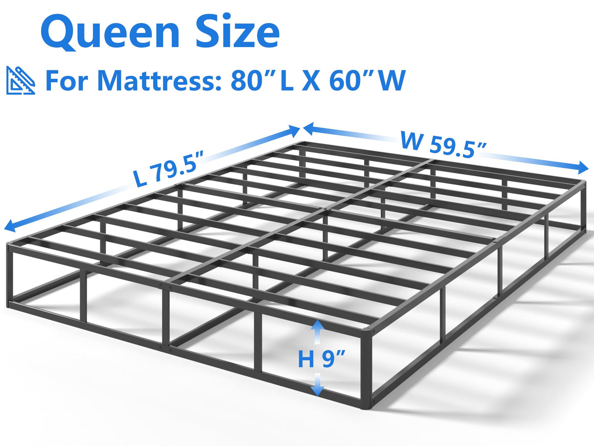 Qingzhou Box Spring for Queen Bed Bases, 9 Inch High Metal Queen Box Spring Only, Heavy Duty Mattress Foundation with Fabric Cover, Easy Assembly, Quiet Noise Free, Non Slip, Black Qingzhou