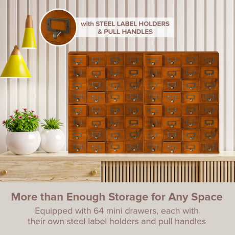 Huge 64-Drawer Wooden Storage Box Traditional Apothecary Curio Cabinet in Vintage Wood - Card Catalog Library Desk Drawer w/Label Holders Handles - Multi Level Countertop Arts and Craft Organizer Woodaholic