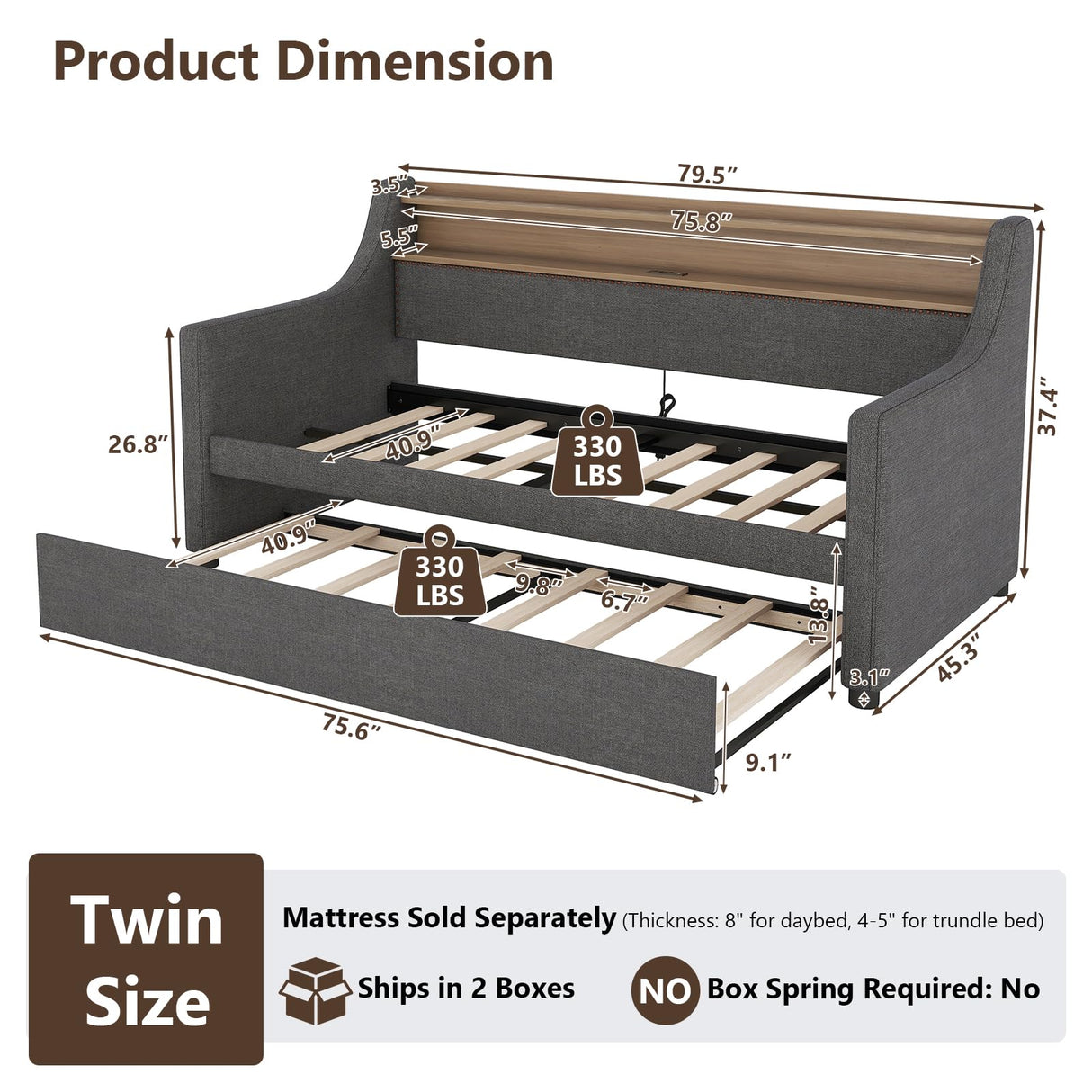 Twin Upholstered Daybed & Roll-Out Trundle, Linen Frame with LED Light, Built-in Charging Station, Storage Headboard & Rolling Guest Bed for Living Room Bedroom Guest Room, Gray Lyngins