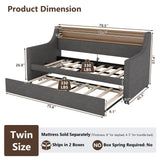 Twin Upholstered Daybed & Roll-Out Trundle, Linen Frame with LED Light, Built-in Charging Station, Storage Headboard & Rolling Guest Bed for Living Room Bedroom Guest Room, Gray Lyngins