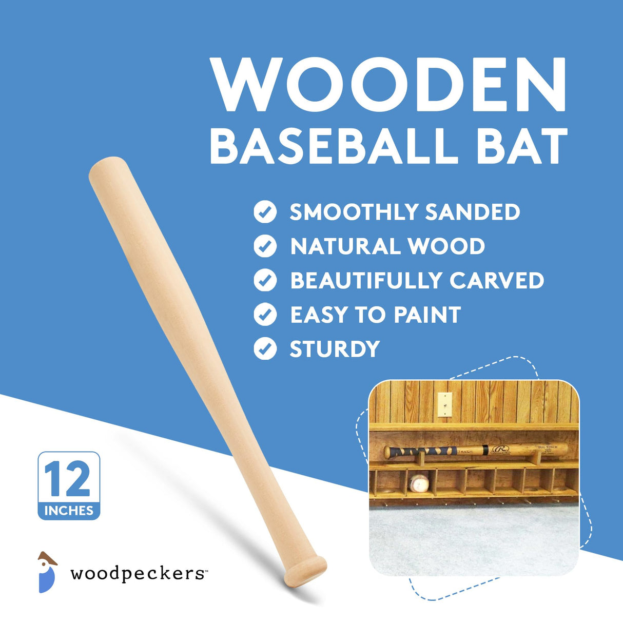 Wood Baseball bat 12 Inch Pack of 2 Unfinished Mini Wood Baseball Bat, Small Bat, Party Decor, Bedroom, Crafts, by Woodpeckers Woodpeckers