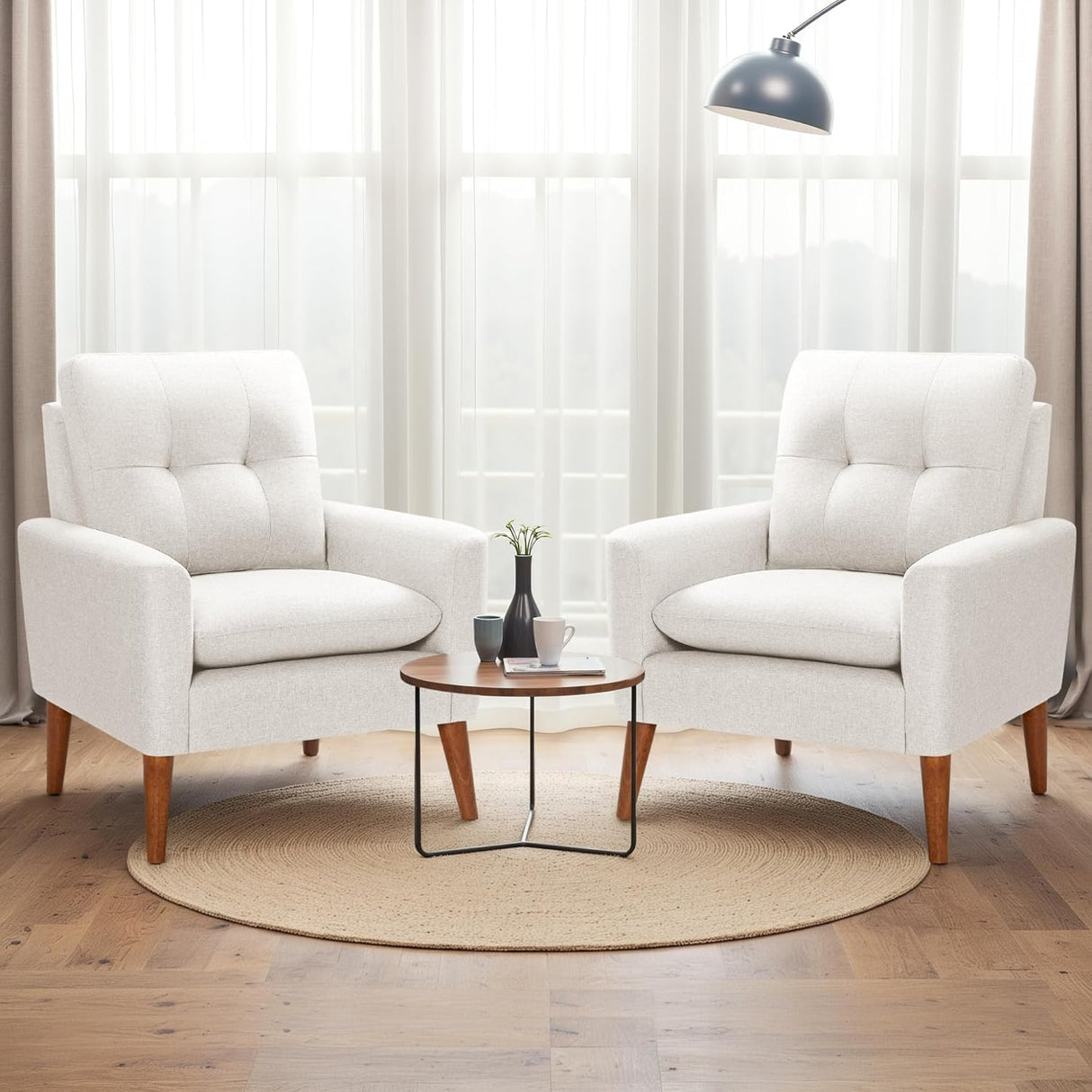 JUMMICO Mid Century Accent Chair, Fabric Modern Reading Living Room Chair, Fluffy Comfy Armchair Small Sofa Chair with Wood Legs for Bedroom Office Cafe (Pearl White, Set of 2) JUMMICO