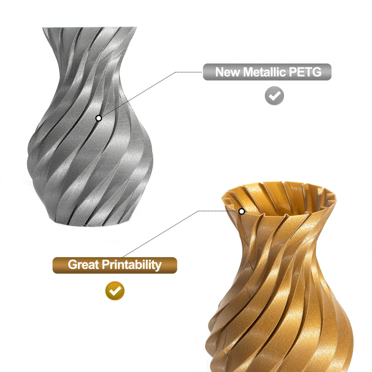 JAREES PETG Filament 1.75mm Bundle for 3D Printer, Total 2KG Metal-Like Consumable 1kg (2.2lbs) 1X2 Spool, High Speed Metallic Finish PETG, Dimensional Accuracy +/- 0.03 mm, Silver and Bronze Gold JAREES