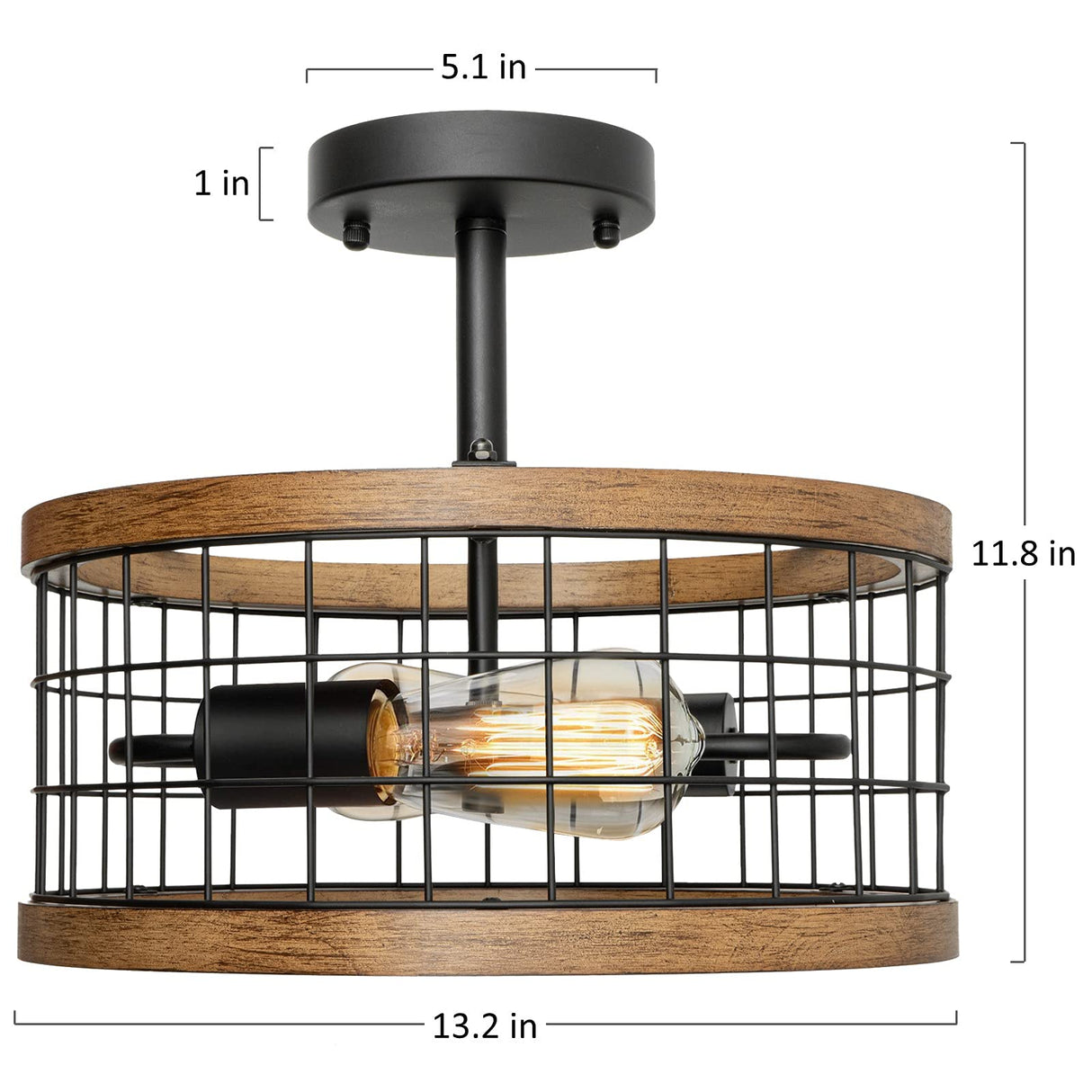 2-Light Farmhouse Semi Flush Mount Ceiling Light Fixture, Rustic Drum Wood Ceiling Lamp for Hallway Kitchen Entryway Foyer Bedroom Laundry Room, Nature Wood Texture and Black Metal Fence Finish WOAEKR