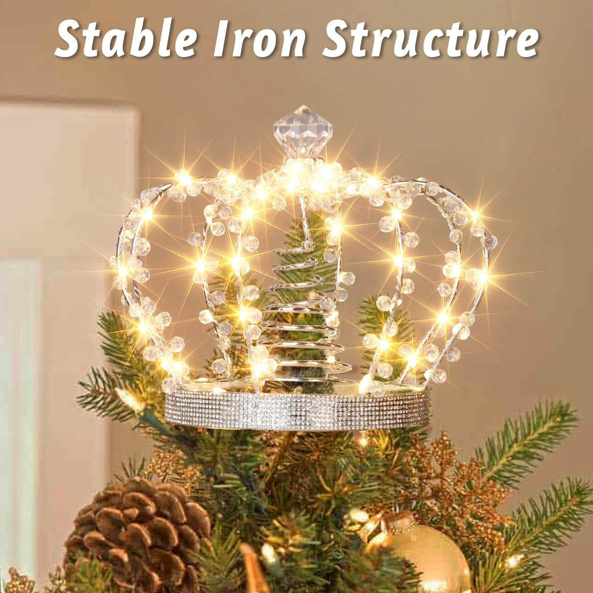 PEIDUO Christmas Jeweled Crown Tree Topper, Light up Tree Topper with 60 Warm White Lights, Large Christmas Topper Unique with Multifunction Controller, Metal Xmas Topper Decorations for Tree, Plug in PEIDUO