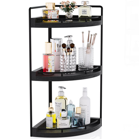 CeleVista Corner Bathroom Counter Organizer, 3 Tier Bathroom Sink Shelf Countertop, Wood Vanity Skincare Storage for Toiletries Decor, Makeup, Dresser(Black) CeleVista