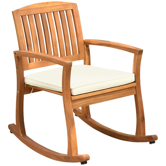 Outsunny Outdoor Rocking Chair with Cushion, Acacia Wood Patio Rocker for Backyard, Patio, Home, Teak Tone - WoodArtSupply