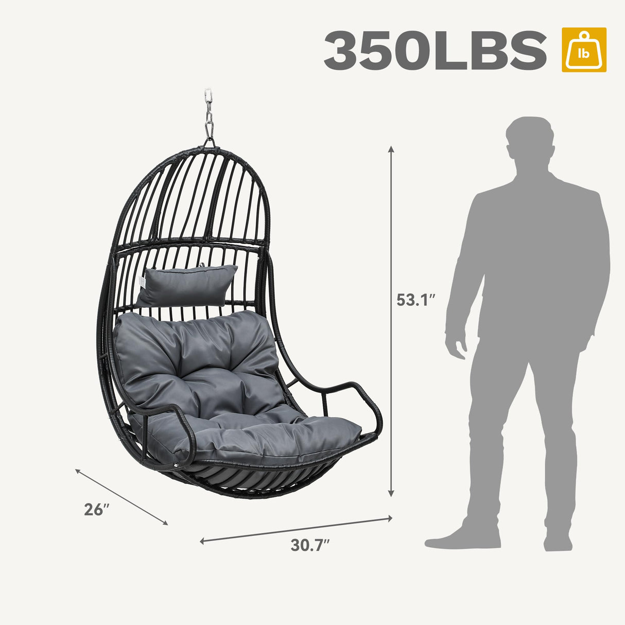 DWVO Hammocks Swing Chair with Cushions 330 LBS, Comfortable Egg Chair Wicker for Patio, Bedroom, Garden, Balcony Indoor and Outdoor Use, Gray DWVO