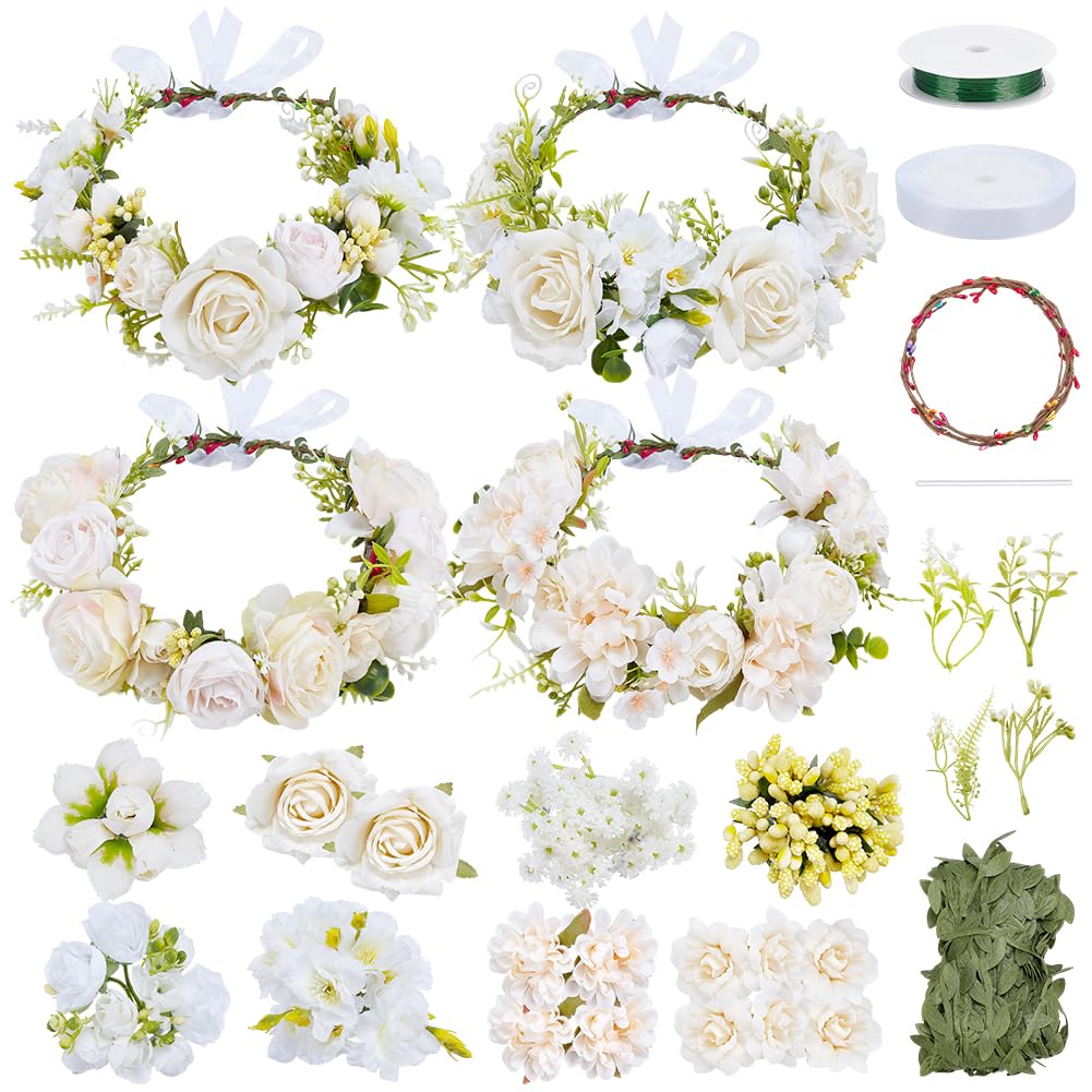 FREEBLOSS 100+pcs White Floral Crown DIY Kit Flower Crowns Making Kit DIY Floral Crown Garland Kit Wedding Hair Accessories Handmade Make Your Own Flower Wreath Crown Decorating Kit for Party FREEBLOSS