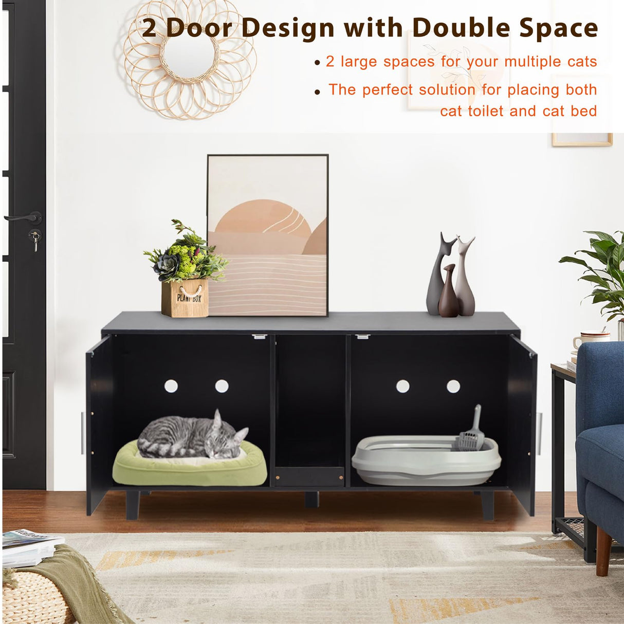 YDTOP Cat Litter Box Enclosure for 2 Cats, Double Hidden Litter Box Furniture with Scratcher, Large Wooden Cat House, Black YDTOP