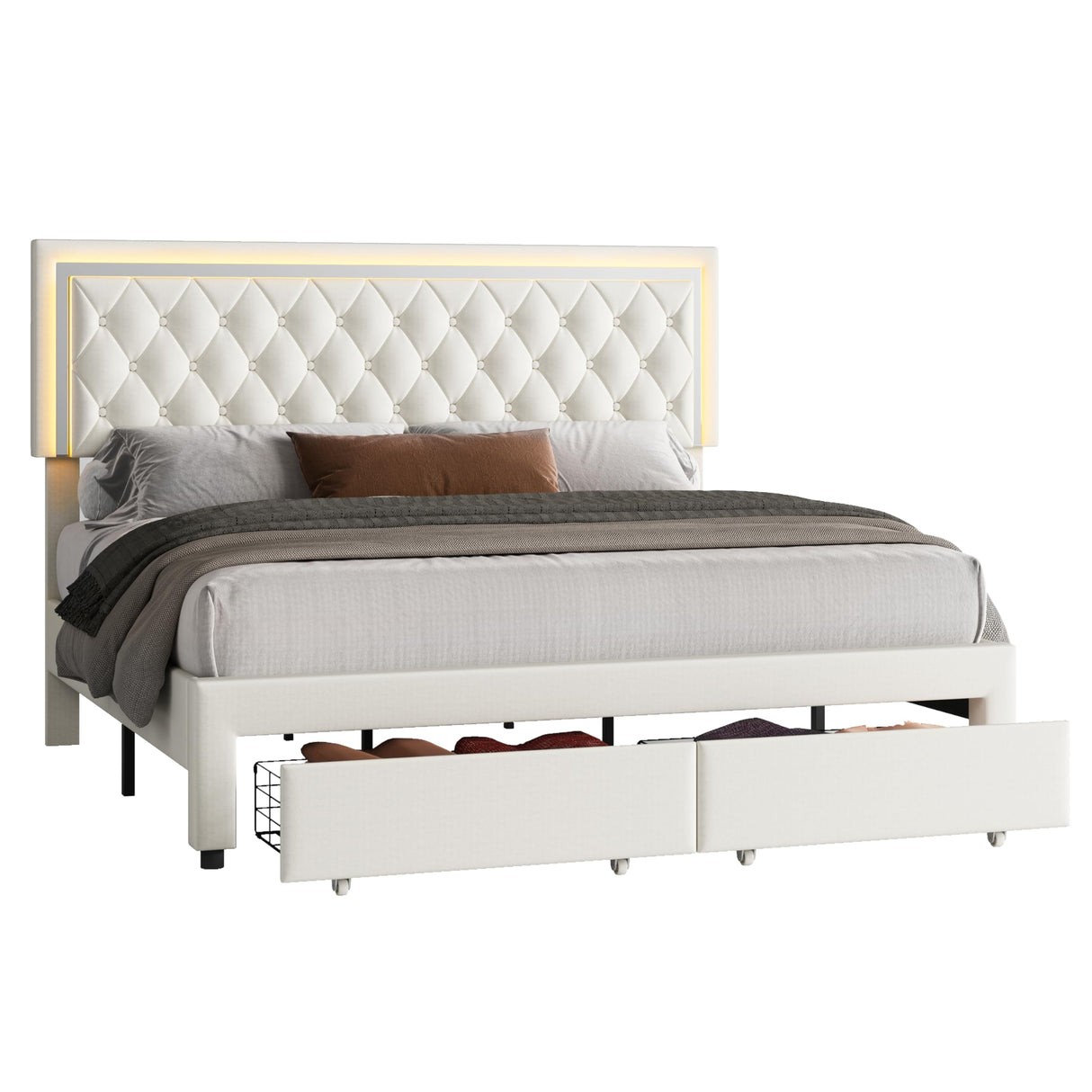 Jocisland Velvet Upholstered Queen Bed Frame with LED Lights and Storage Drawers Jocisland