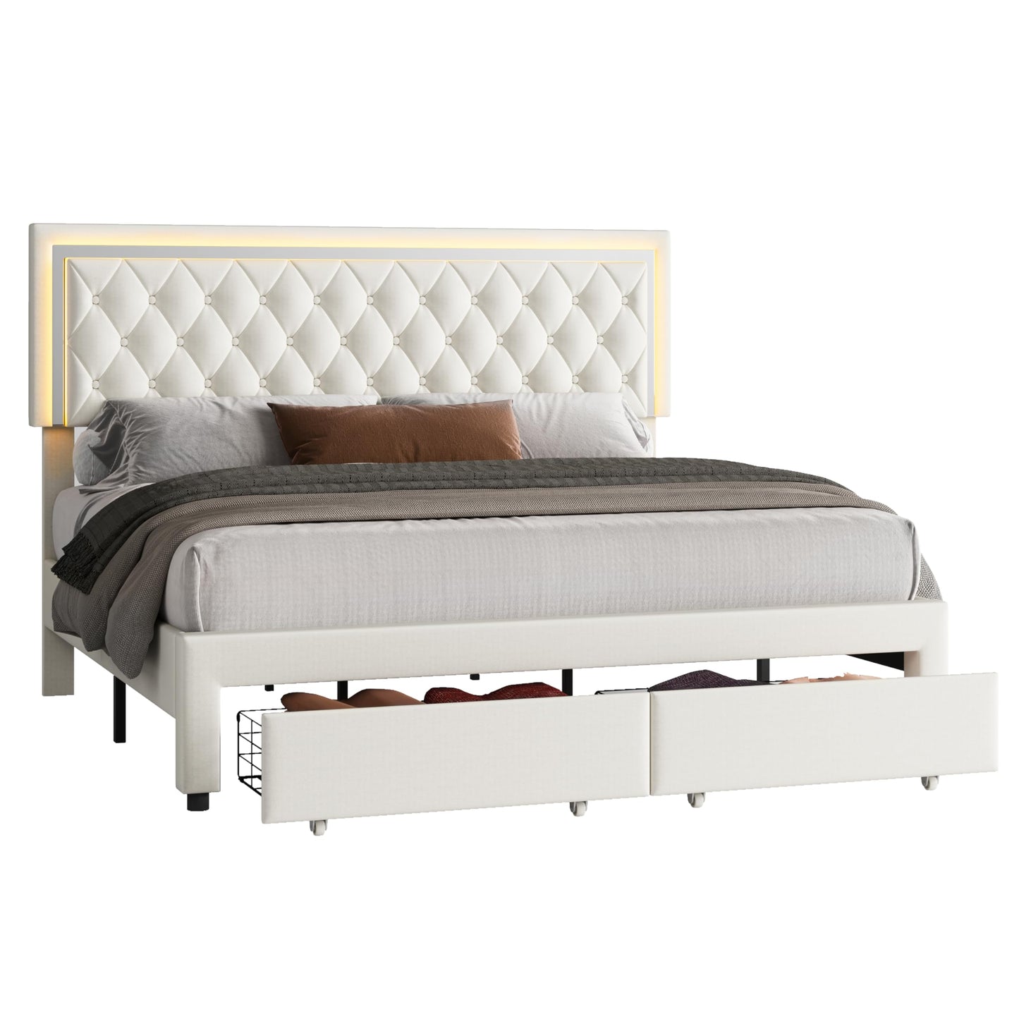 Jocisland Velvet Upholstered Queen Bed Frame with LED Lights and Storage Drawers - WoodArtSupply