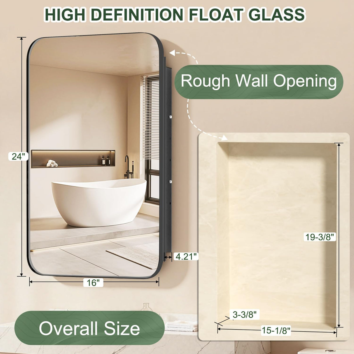 Venlus 16x24 Recessed Medicine Cabinet with Mirror - Black Mirrored Medicine Cabinets for Bathroom Vanity, Bathroom Mirror with Storage & Heavy Metal Frame, Adjustable Shelves, Surface Wall Mount Venlus