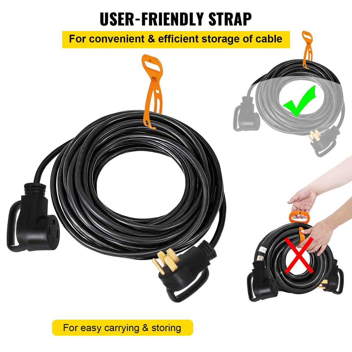 VEVOR 30 FT 50Amp RV Extension Cord NEMA N14-50P to N14-50R, 125 / 250V Heavy Duty STW 6/3+ 8/1 RV Power Cord, for EV Charging and RV Trailer Campers VEVOR