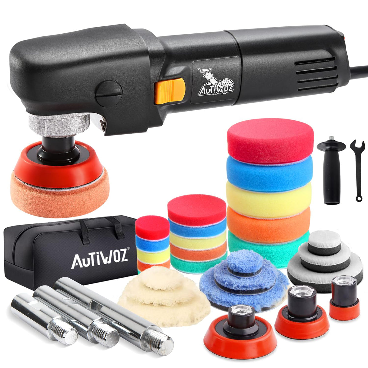 AUTIWOZ Mini Buffer Polisher 600W Rotary Polisher Machine, 6 Variable Speeds, Car Polisher with 33Pcs Polishing Kit, 75mm,100mm,140mm M14 Thread Extension Shaft for Car Detailing and Waxing AUTIWOZ