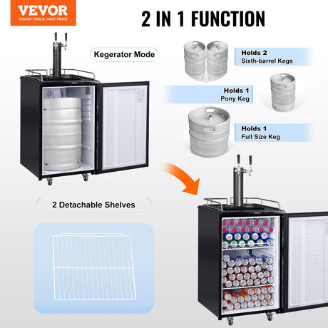 VEVOR Beer Kegerator, Single Tap Draft Beer Dispenser, Full Size Keg Refrigerator With Shelves, CO2 Cylinder, Drip Tray & Rail, 32°F- 50°F Temperature Control, Holds 1/6, 1/4, 1/2 Barrels, Black VEVOR