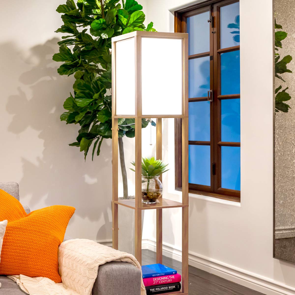 Brightech Maxwell - Modern Shelf Floor Lamp with Lamp Shade and LED Bulb - Corner Display Floor Lamps with Shelves for Living Room, Bedroom and Office - Natural Wood Brightech