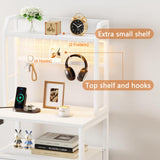 Furologee Tall Nightstand with Charging Station & LED Lights, 41'' Bedside Table with 2 Drawers & Pegboard, White Night Stand with Hooks & Folders, End Table with Shelves for Bedroom/Living Room Furologee
