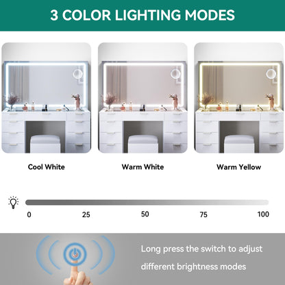YITAHOME Makeup Vanity with Spacious LED-Lit Mirror & Built-in Socket, Vanity Table with 11 Compartments and Magnifier, 46'' Beauty Station with Seating for Bedroom - WoodArtSupply