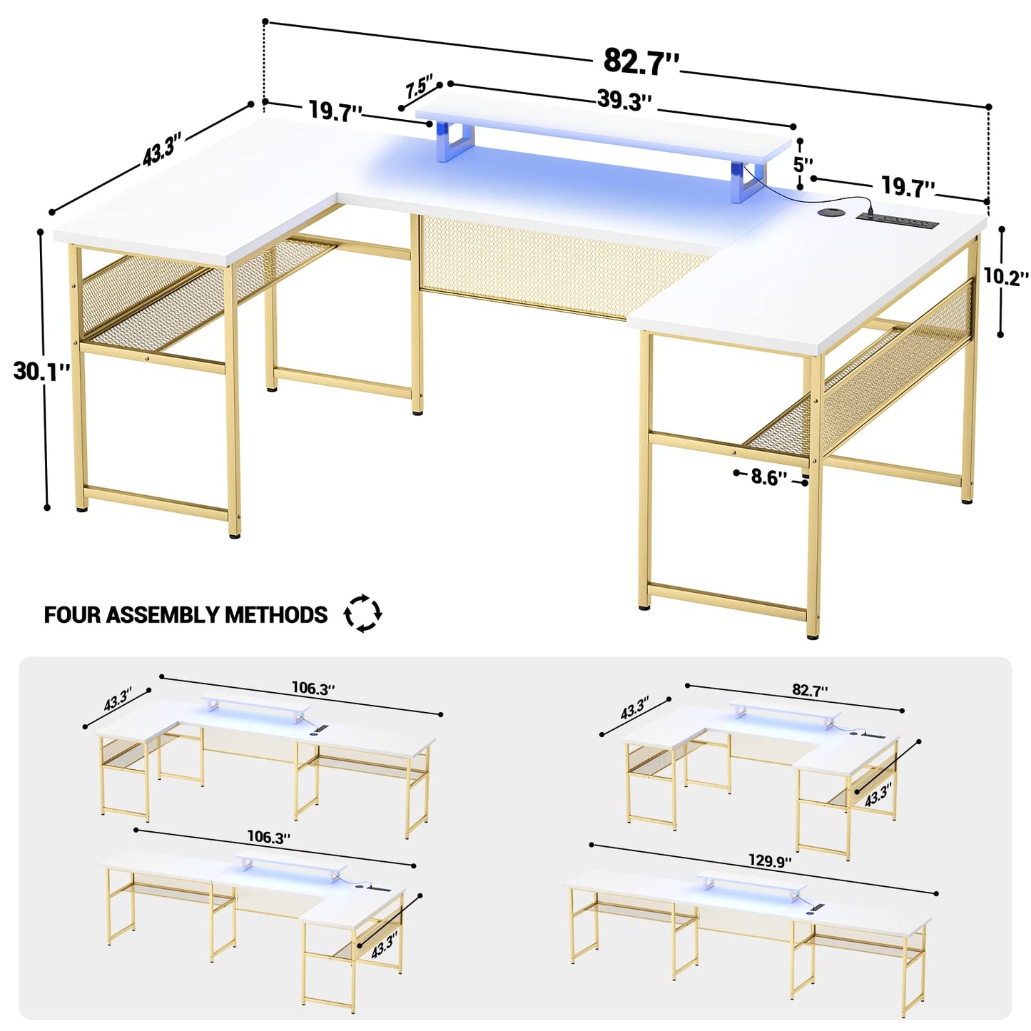 Unikito Reversible U Shaped Desk with LED Lights and Power Outlets - 83 Inch Large Corner Computer Table in White and Gold - WoodArtSupply