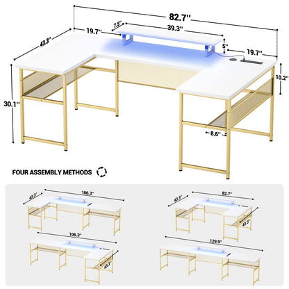 Unikito Reversible U Shaped Desk with LED Lights and Power Outlets - 83 Inch Large Corner Computer Table in White and Gold - WoodArtSupply