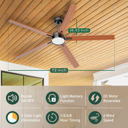 Skylike 72 Inch Wooden Ceiling Fans with Lights Led Remote Control Flush Mount Low Profile for Living Room Outdoor Patio,Buzzer ON & OFF,DC Motor,Reversible,Dimmable,Large,BLACK,Solid Wood Blade