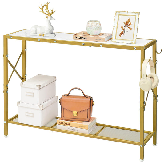 Gewudraw Gold Console Table, 2 Tier Narrow Entryway Table with Shelves and Hooks, Couch Table Behind Sofa, Entrance Table with Golden Frame for Entryway, Hallway, Foyer - WoodArtSupply