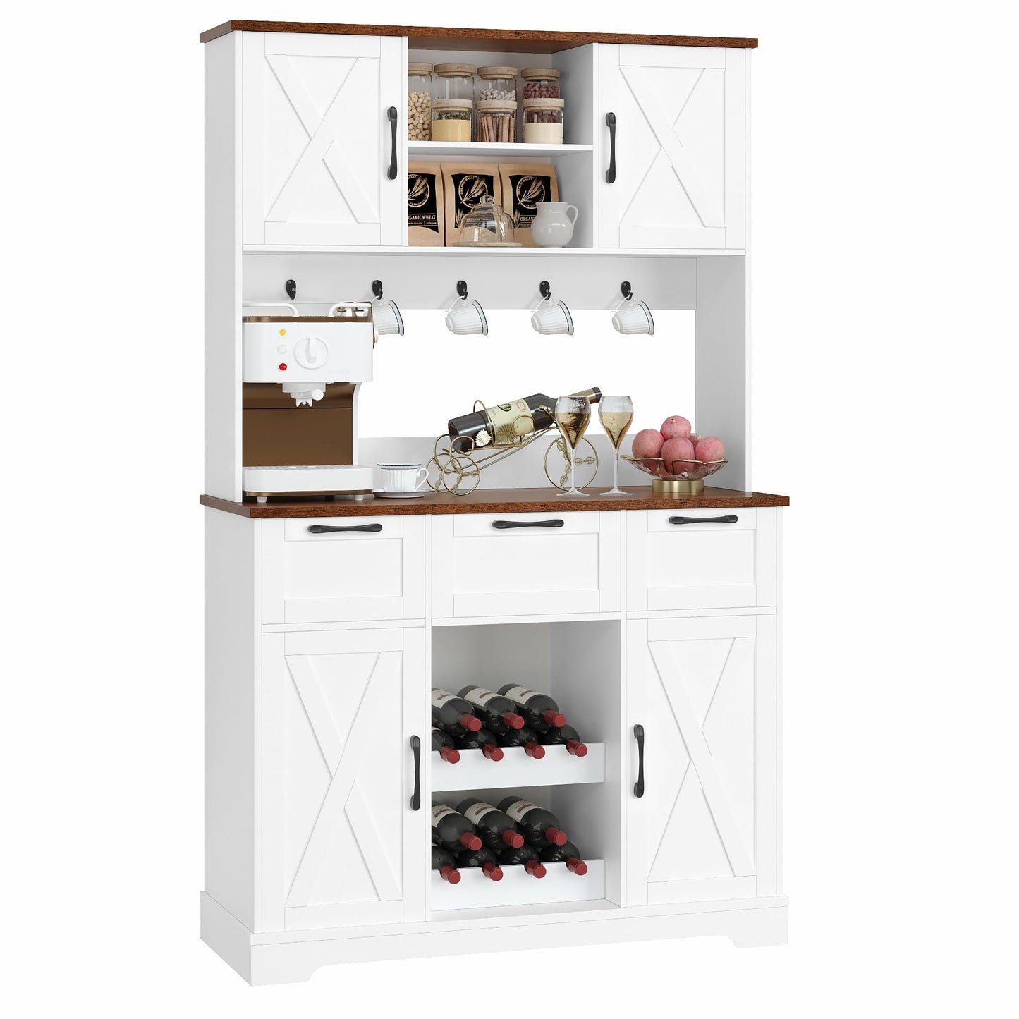 HIFIT 72" Tall Farmhouse Kitchen Pantry Storage Cabinet with Doors & Shelves & Drawer, Freestanding Hutch Cabinet with Microwave Stand/Wine