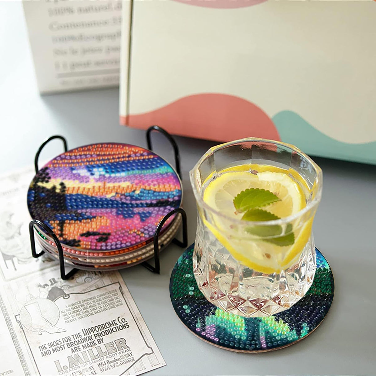 8 Pcs Aurora Diamond Art Coasters Kits with Holder, Landscape Diamond Painting Coasters Kits for Adults, DIY 5D Nature Scenery Diamond Dots Small Mini Kit Full Drill Art Craft Supplies 4X4 Inch askkqtx