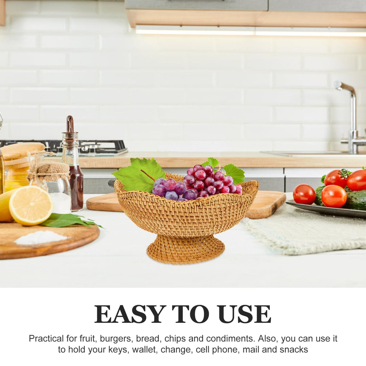 Zerodeko Rattan Fruit Bowl Bread Basket Woven Footed Bowl Round Pedestal Plate Dessert Display Platter Snack Serving Dish Tabletop Organizing Basket for Kitchen Counter Zerodeko