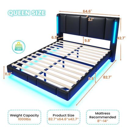 MSmask Floating Queen Bed Frame with LED Lights, Faux Leather Headboard & USB Ports - WoodArtSupply