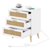 Irontar Rattan Nightstand with Charging Station, Night Stand with 3 Large Rattan Drawers, Accent End Table, Bedside Table with Solid Wooden Legs for Bedroom, White and Natural BZZ006WME Irontar